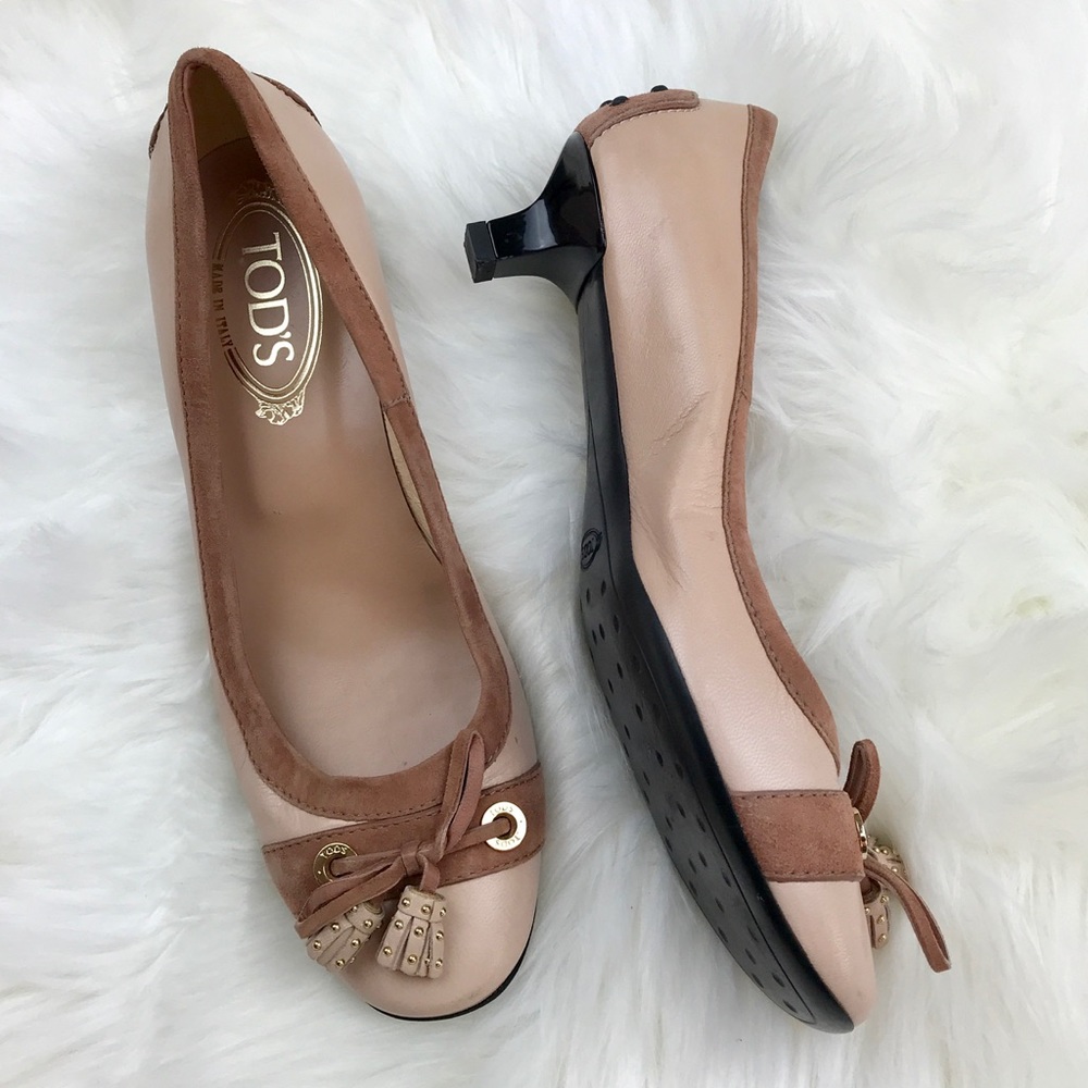 Tod’s Nude Blush Pink Tassle Kitten Heel Pumps 8
